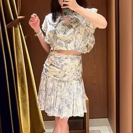 

Women's Casual Sets Ruffle Edge Print V-neck Fly Sleeve Tops or High Waist Skirt For Holiday New Summer 2024