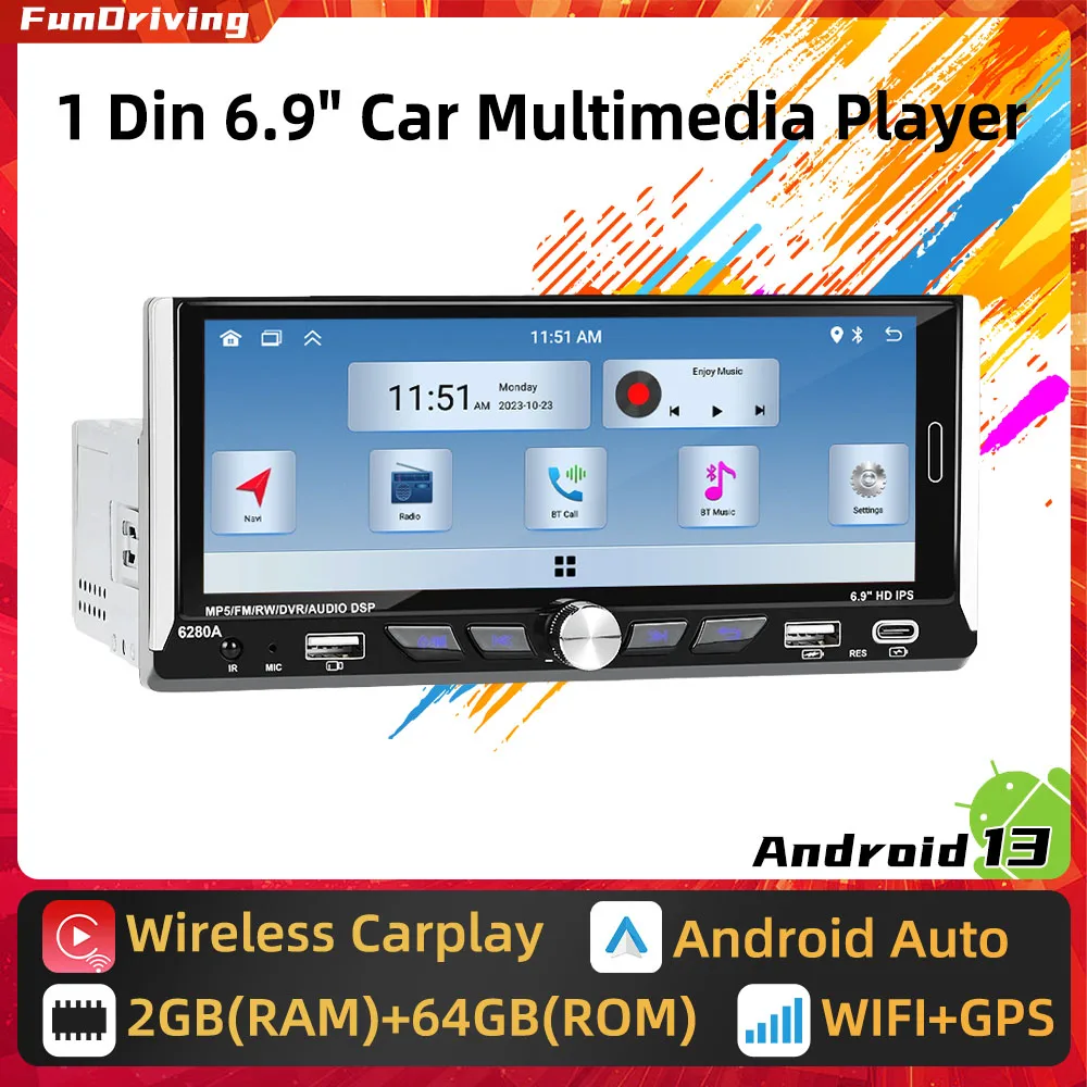 

6.9" Android 1Din Car Radio Car Multimedia Player Stereo Head Unit Wireless Carplay Autoradio GPS Navigation WIFI Android Auto