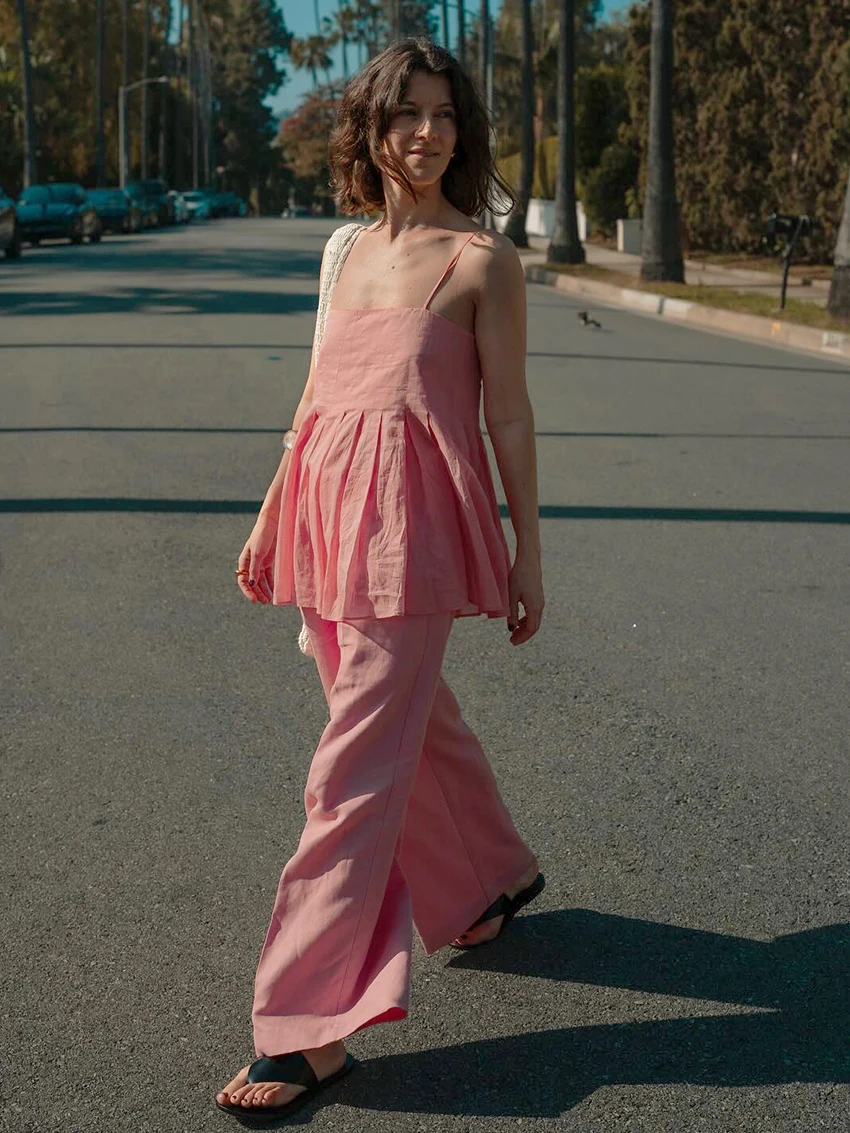 Marthaqiqi Summer Ladies Pajama Suit Sexy Spaghetti Strap Sleepwear Tank Tops Nightwear Wide Leg Pants Casual Women Home Clothes