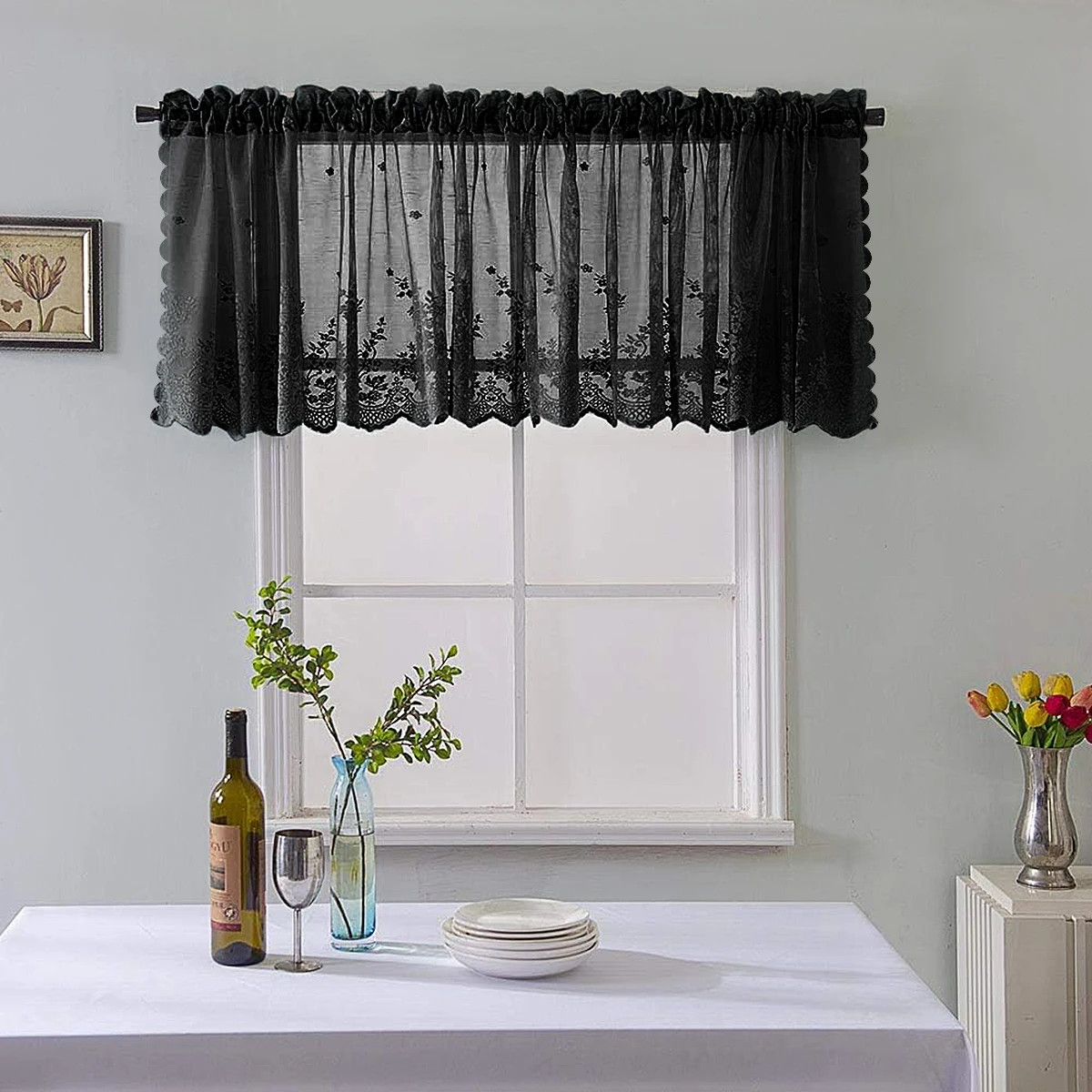 Set Tende Da Cucina Con Motivo Coltello E Forchetta 3 Pezzi | Tenda 66x91 Cm E Mantovana 132x45 Cm | Tessuto Poliestere Nero Per Privacy E Riduzione Luce