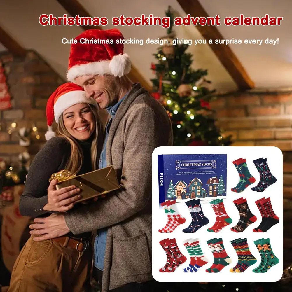 12/24Pairs Christmas Stocking Advent Calendar 12/24 Days Of Socks Festive Holiday White Christmas Colorful Socks For Men