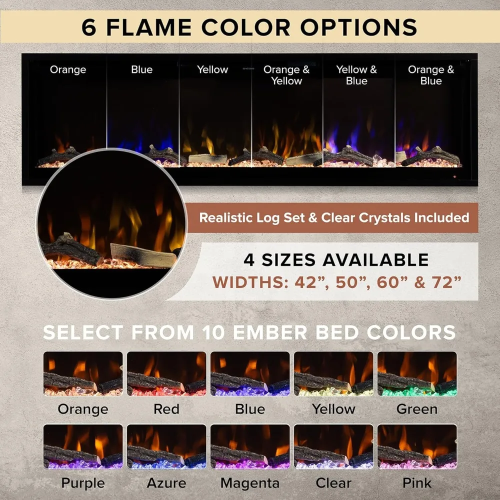 Aerus 72 Inch Smart Linear Electric Fireplace - Recessed in-Wall and Wall-Mount, Multiple Flame Colors, Compatible 4