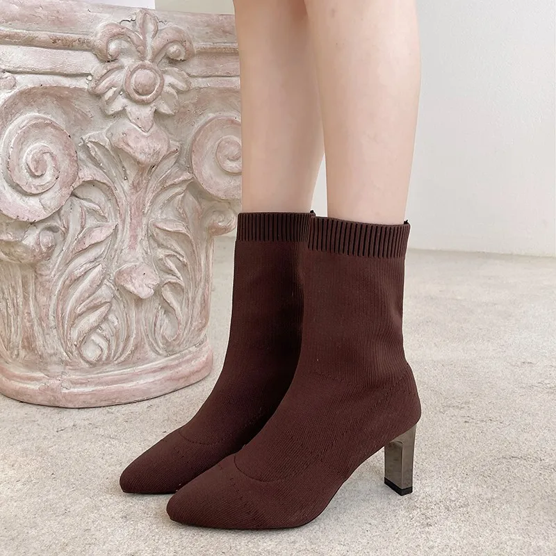 Women Boots New Winter Women's Shoes Knitted Mid-calf Socks Boots Pointed Toe Stiletto Elastic Designer Women's Boots 35-40