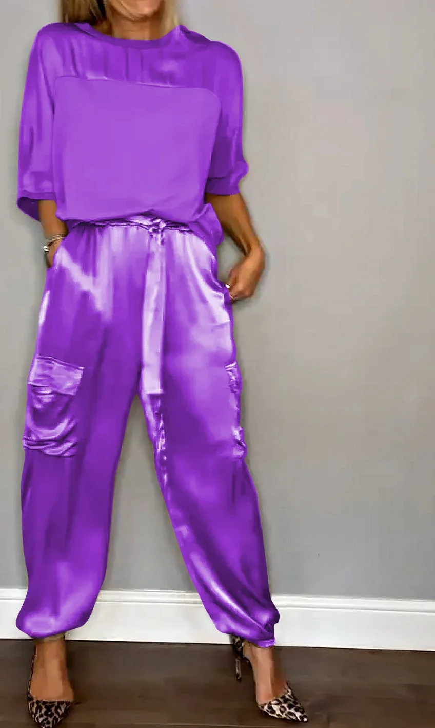 thumbnail image 1 of Printemps été mode couleur unie Satin deux pièces ensemble femmes col rond à manches longues haut pantalons longs décontracté ample deux pièces ensemble, 1 of 5