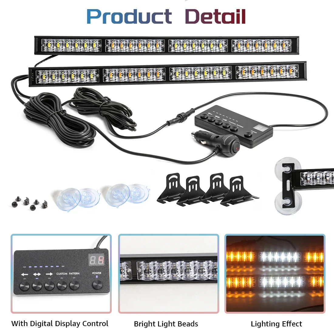 24 LED 2-in-1 Car Front Windshield Warning Lamp Bar Suction Cup Emergency Strobe Flashlight Traffic Police Light For Trucks 12V
