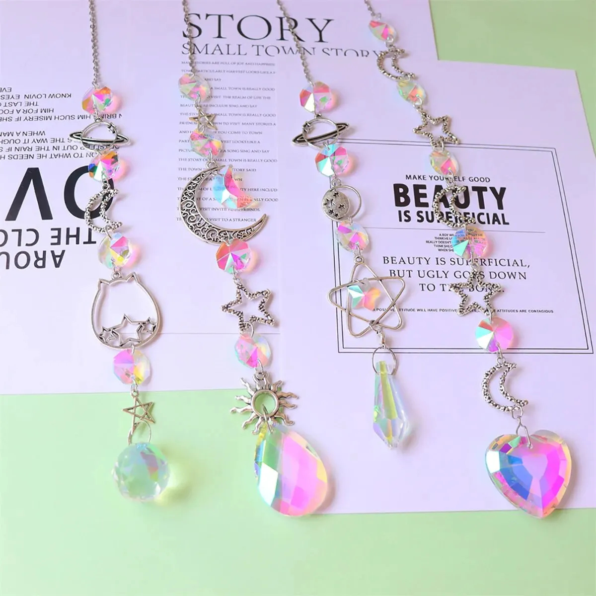 Crystal Hanging Decoration 1 Pc Galaxy Stars Moon Crystal Hanging Sun Light Catcher For Outdoor Garden Home Bedroom B & B Wall AB Colour
