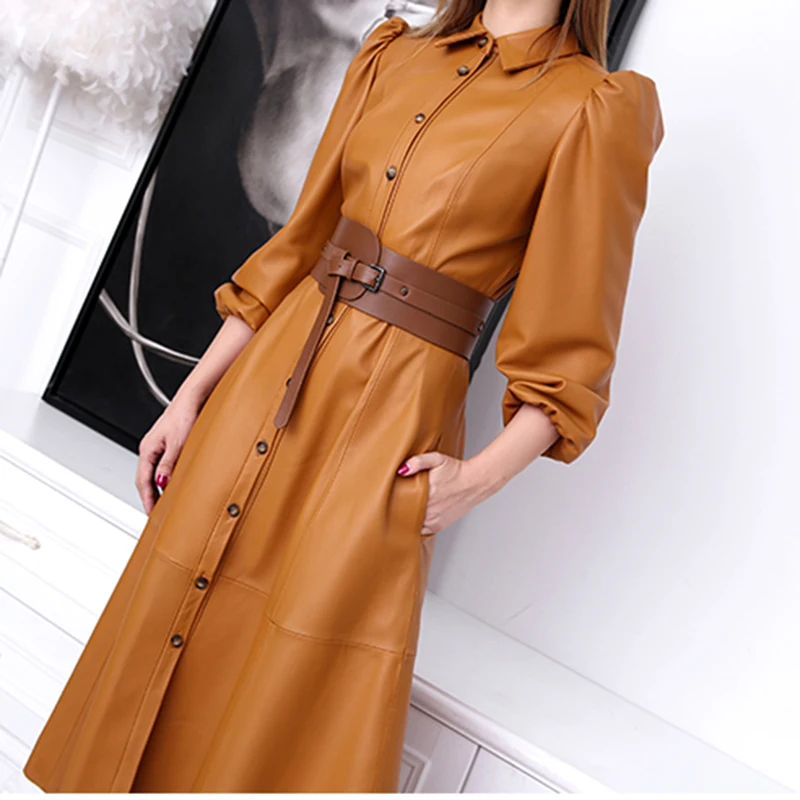 

Real Leather Long Dresses for Women Lambskin Three Quarter Puff Sleeve Contrast Color Belt Slim Big Hemlines Dress Trench Coat