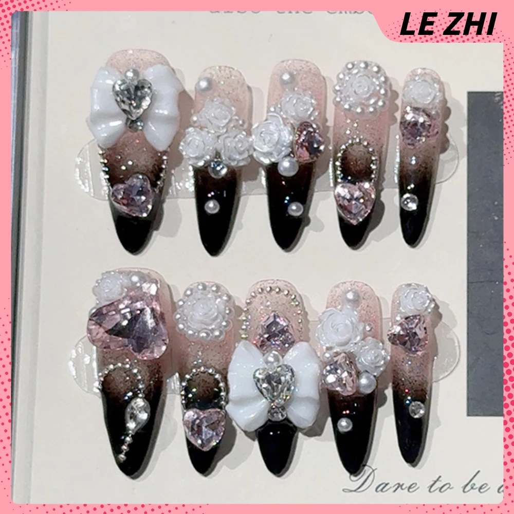 10개 Y2K 스파이스 걸 롱 팁 핸드메이드 프레스온 네일 헤비메탈 헬로키티 쿠로미 다이아몬드 꽃 리본 웨어러블 가짜 네일 - AliExpress