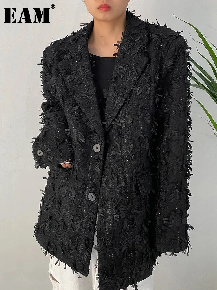 

[EAM] Loose Fit Black Thick Tassels Big Size Woolen Coat Parkas New Long Sleeve Women Fashion Tide Autumn Winter 2024 1DF1461