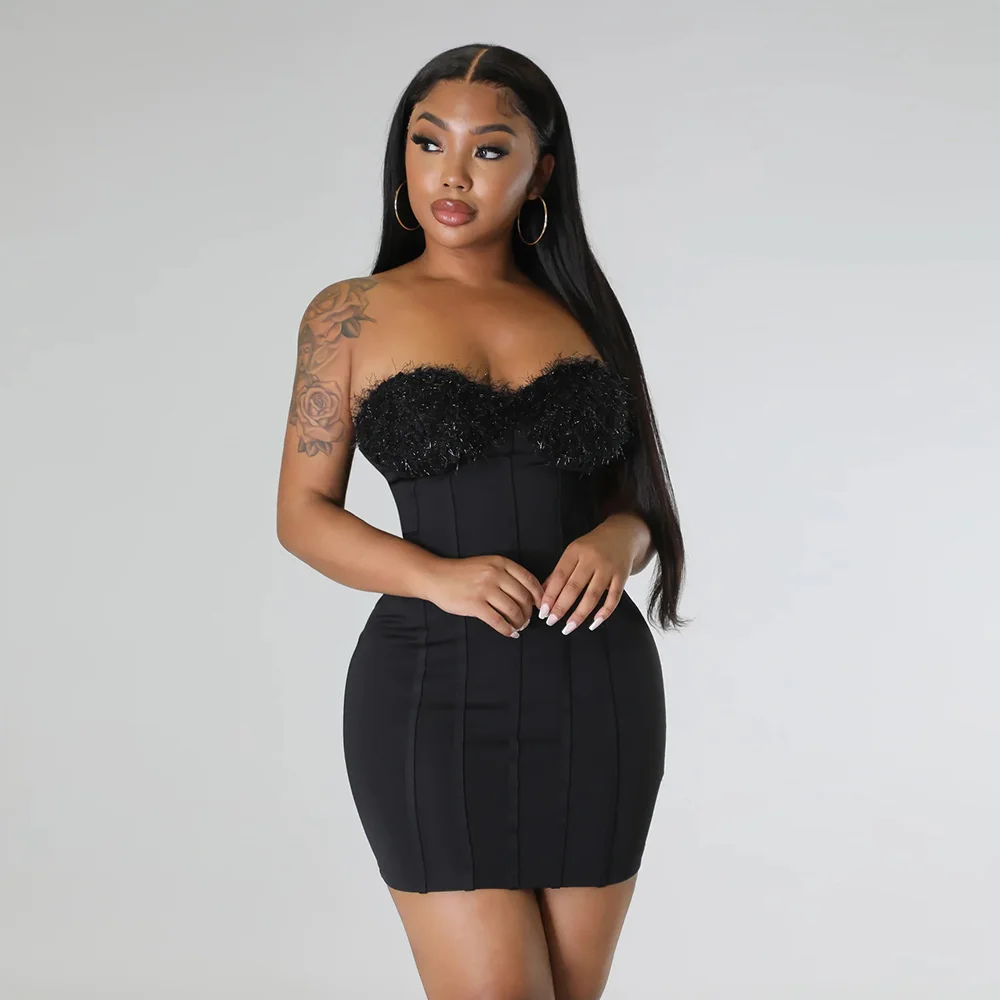 

Cutubly Autumn Winter Vestidos Clothing Outfits Gown Sexy Strapless Cover Long Sleeve 2 Two-piece Suit Dress Skirts Women Chic