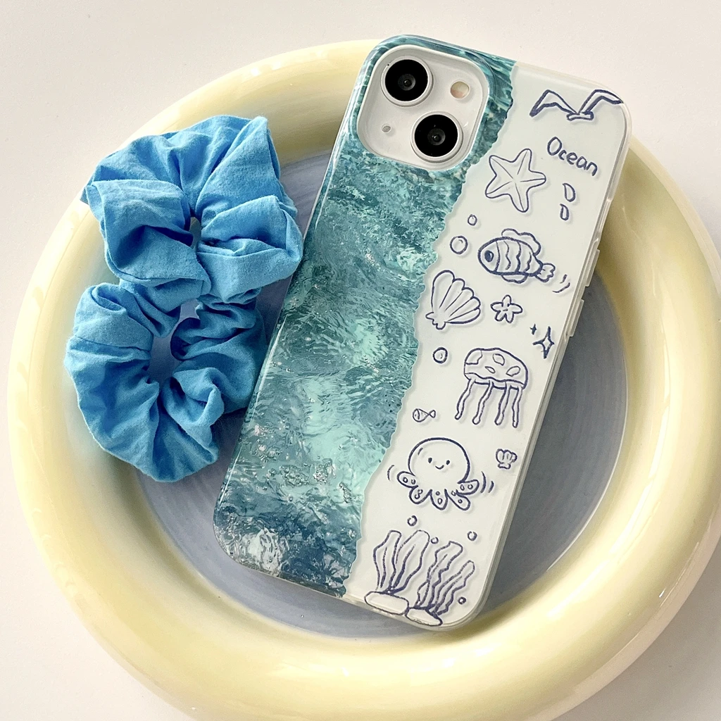Ins Ocean Jellyfish Shell Starfish Octopus Series Shockproof Protective Cover Case For iPhone 15 14 13 12 Pro Max