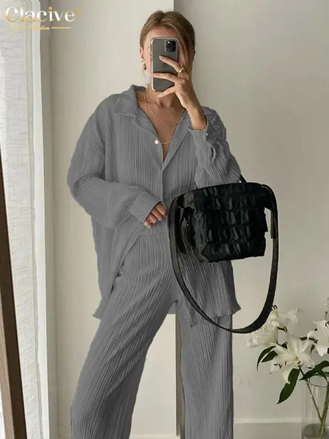 Clacive Causal Loose Home Suit Autumn Long Sleeve Blouse With High Wasit Pants Set Women Elegant Pleated Beige 2 Piece Pant Sets Gray Sets