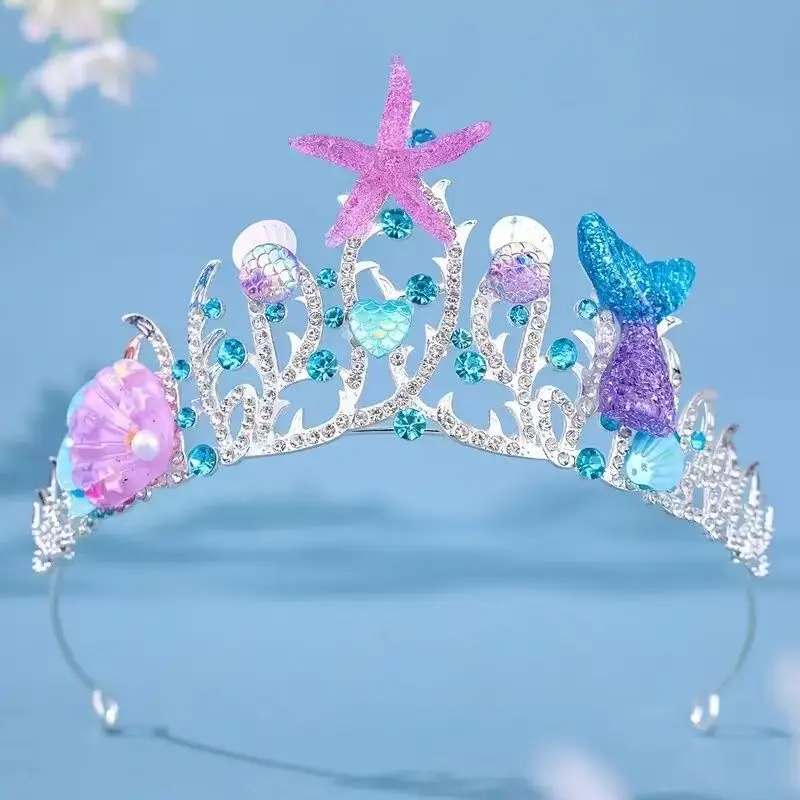 여성용 인어공주 왕관 티아라 핑크 불가사리 조개 크리스탈 헤어밴드 바다 해변 웨딩 생일 파티 코스프레 헤어 장식