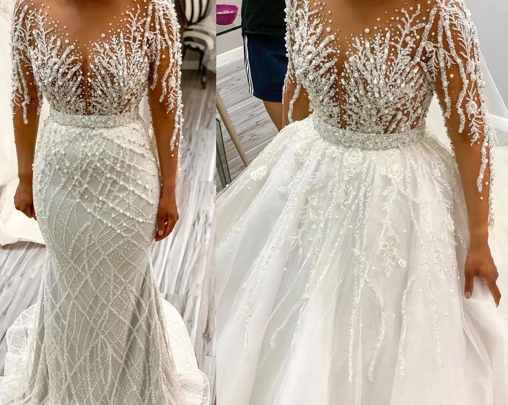 

Mermaid Morden African Wedding Dress Detachable Train Illusion Neck Long Sleeves Heavy Handwork Beads Sequins Bride Gowns