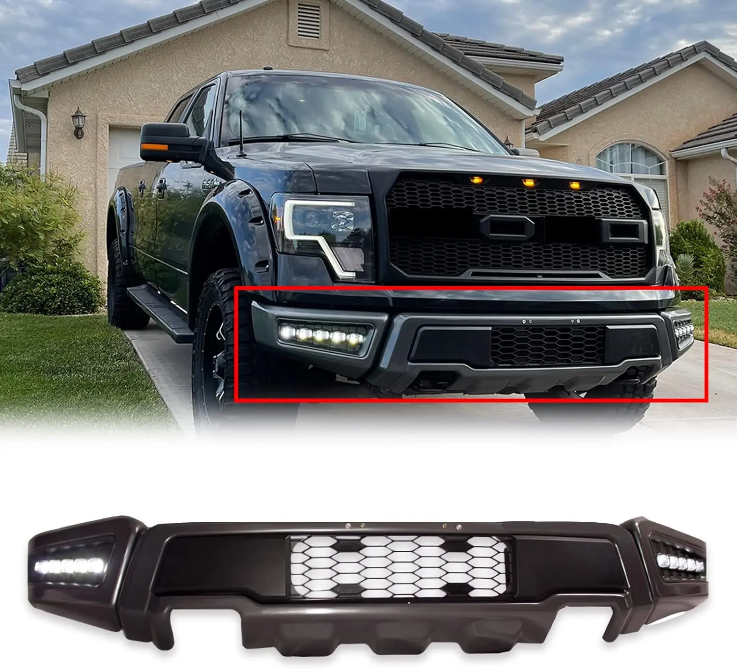 high quality car front bumper abs plastic Raptor Type Front Bumper Gray Bumpers With LED Fog Light Kit for F150 2009-custom