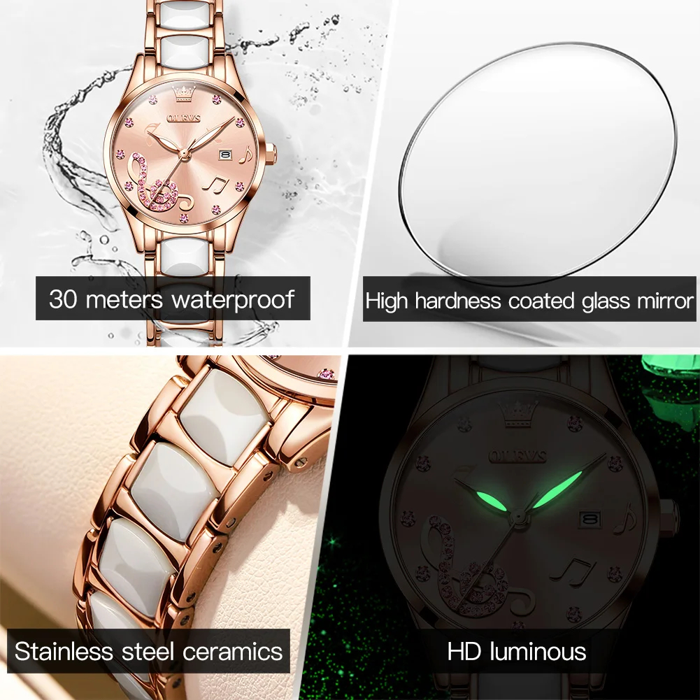 OLEVS Luxury Women Watch Set Ceramic Strap Date Luminous Hands Waterproof Ladies Quartz Watches, With Bracelet Necklace Gift Box