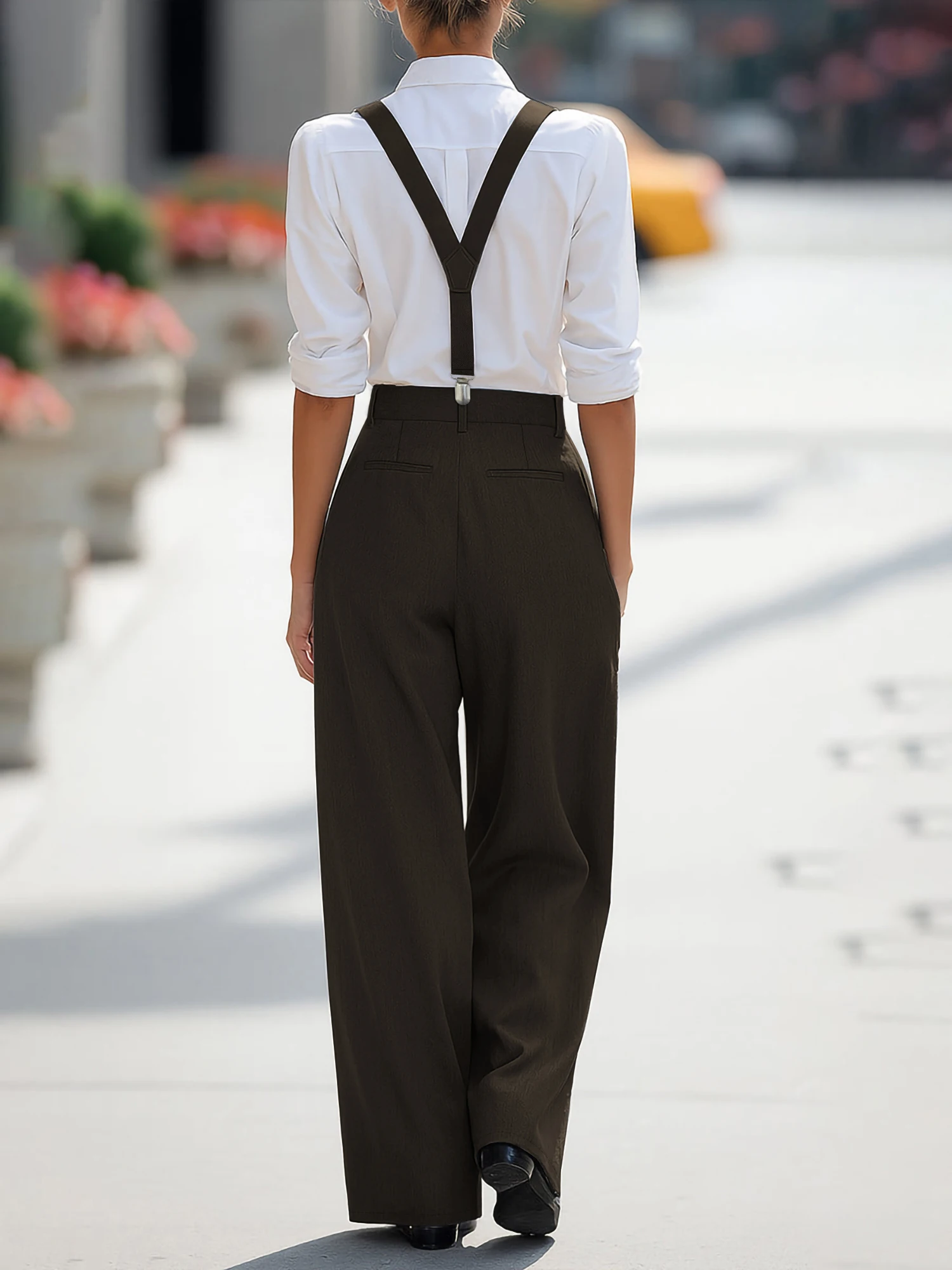 Damen High-Waist Weite Hosen mit Abnehmbaren Grauen Trägern Büro-Business-Hosen – Detail 14