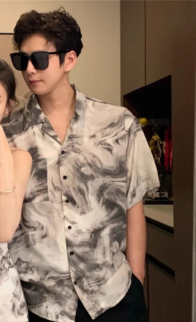 Couples Summer Outfit Watercolor Print High-End Set Unique Design Long Dr Top And Bot Anti-Wrinkle Treaent ort S...