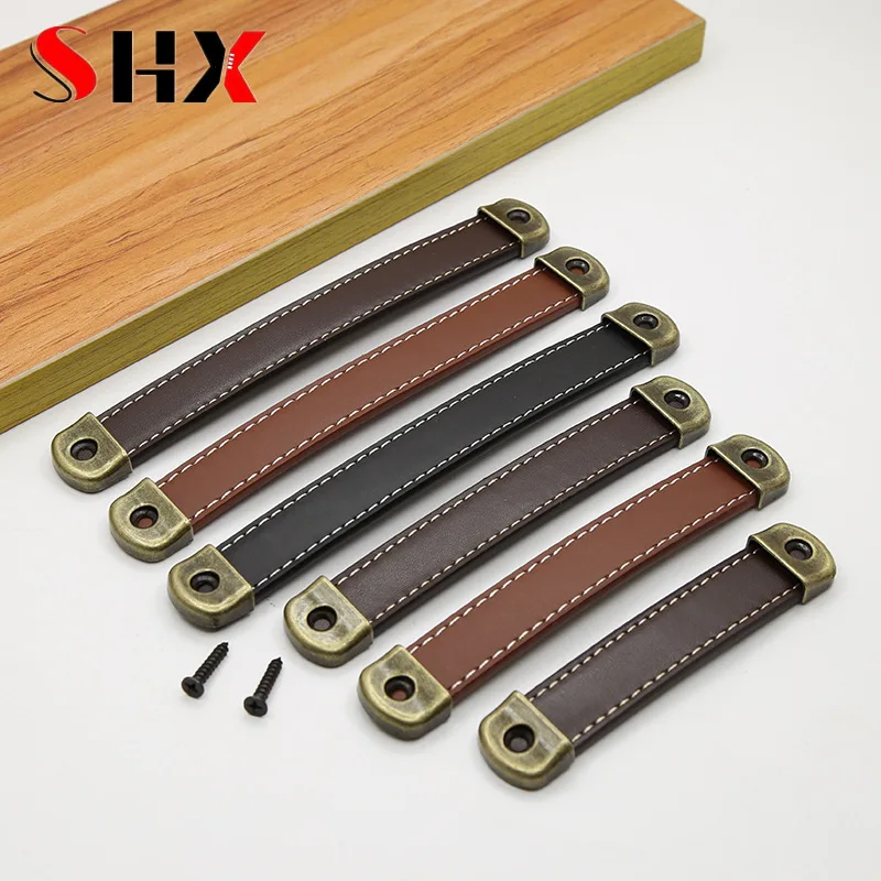 1/6/10pcs 128mm Brown Furniture Handles Cowhide Wardrobe Drawer Door