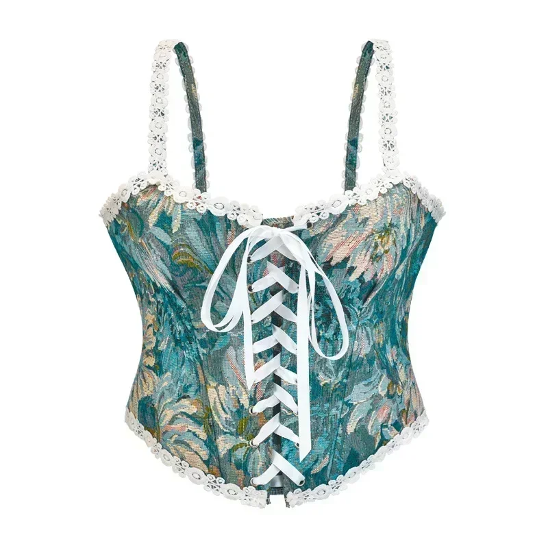 

Print Halter Corset Crop Tops French Vintage Sexy Floral Corset Bustier Tank Lace Up Camisole For Women Going Out Outfit