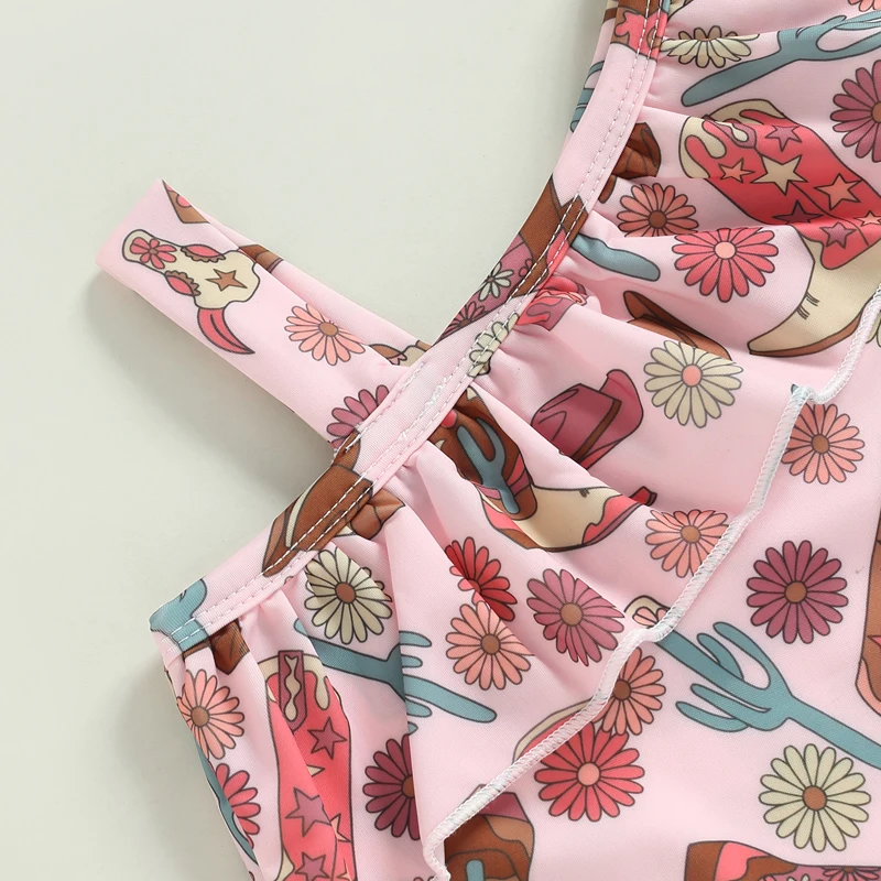 6M-2T Girls Summer Casual Cute Swimsuit Sleeveless One-Shoulder Floral Swimsuit Brown Pink