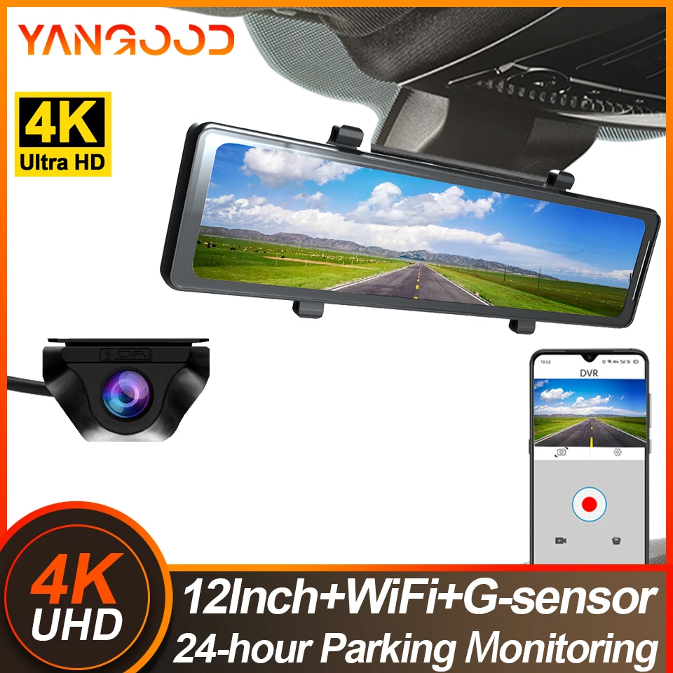양굿 4K 대시캠 12인치 터치 IPS 차량용 DVR 레코더 WIFI GPS 루프 녹화 주차 모니터 주행 기록 장치