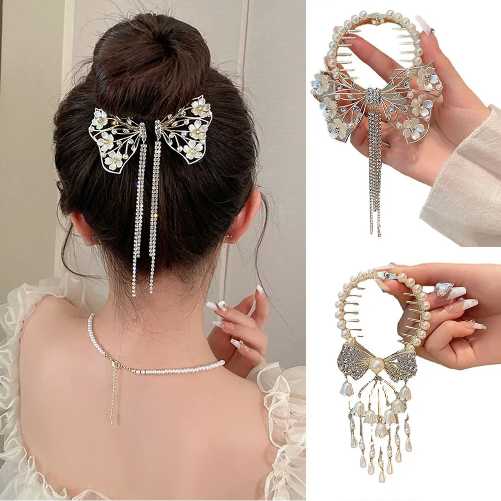 

Hairpin Crystal Pearl Ponytail Buckle Bell Orchid Flower Fringe Hair Claw Clip Pill Head Fixed Shark Clip Hair Accessories