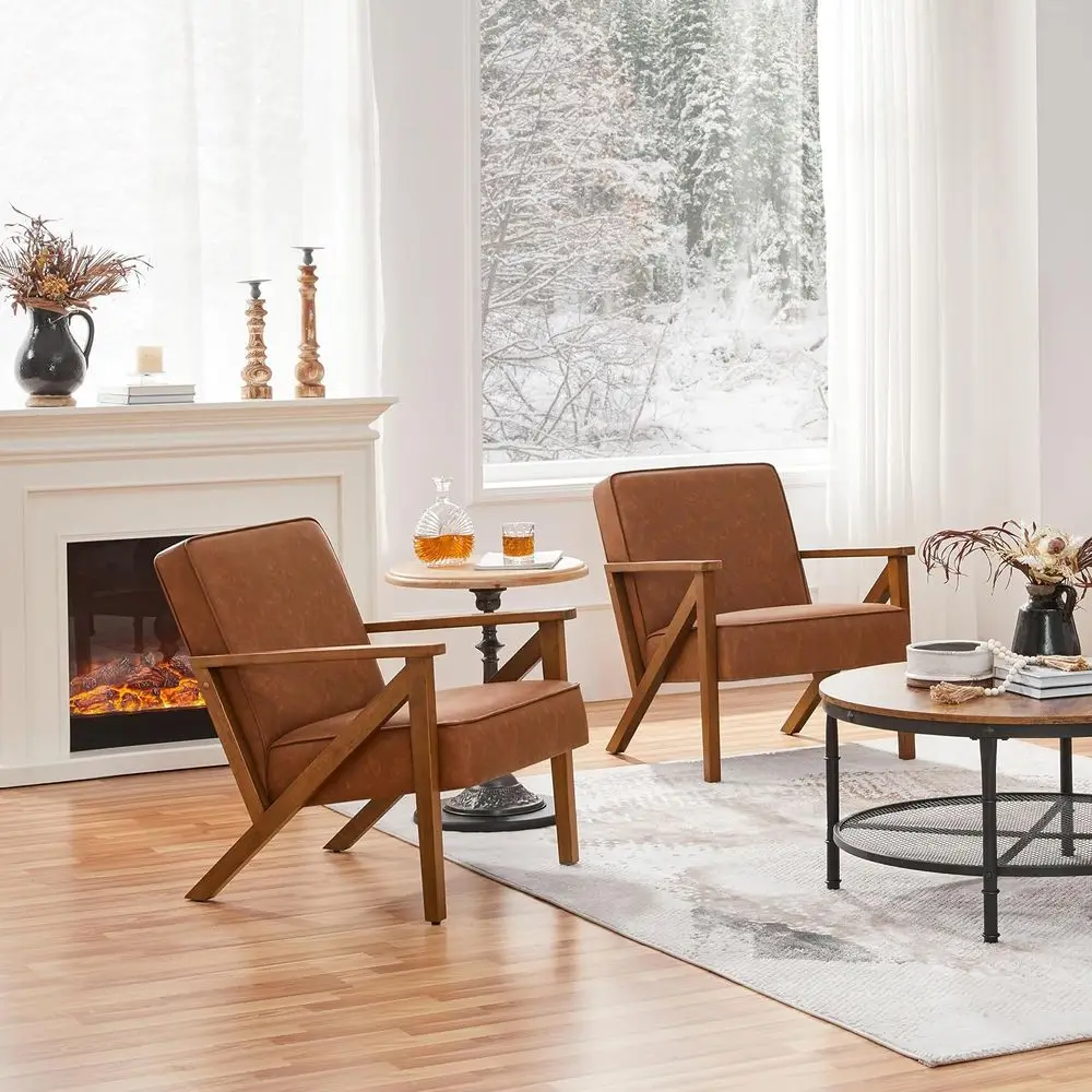 Accent Chair, Armchair with Strong Wood e, PU Leather ern Retro Lounge Chair or Living Room/Lounge/Oice/Retion Area, 2 Pieces, L