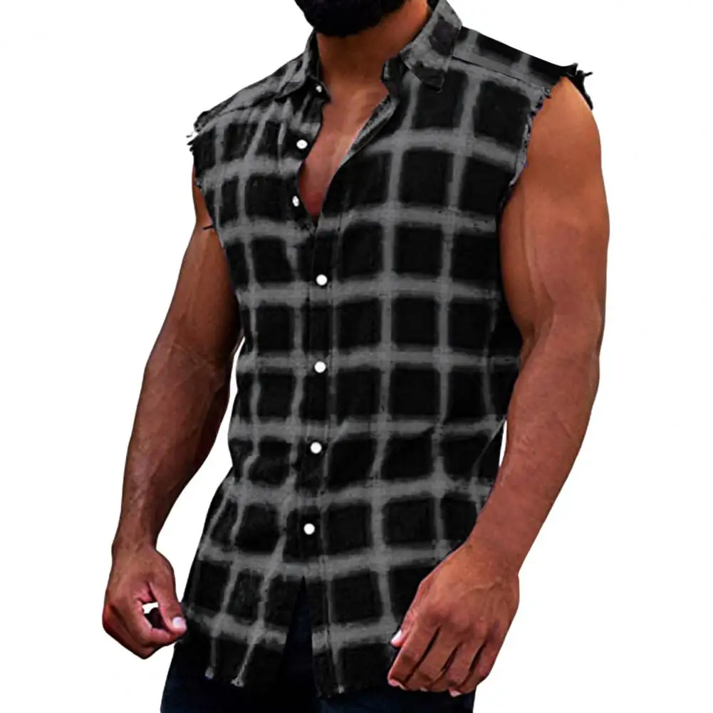 

Summer Men Tops Lapel Grid Design Single-breasted Sleeveless Vest Tank Tops Travel Streetwear