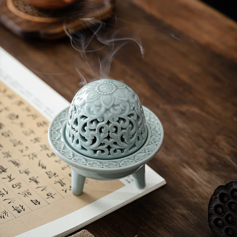 0036 Celadon Openwork Lotus Shadow Incense Burner Household Indoor Desktop Ornaments Ceramic Three Feet Incense Burner