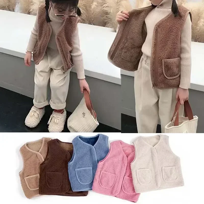 Autumn Winter Baby Lamb Wool Warm Waistcoat Girls Boys Plush Vest Single Breasted Double Layer Child Warm Fashion Coat