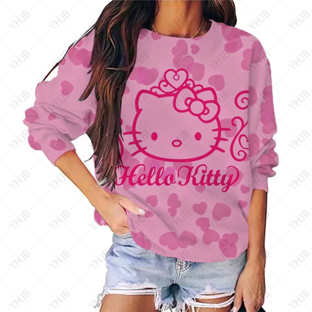 

Женский пуловер с круглым вырезом, толстовка, свитер с принтом HELLO KITTY, тонкий свитшот с длинным рукавом для весны и осени, женские пуловеры