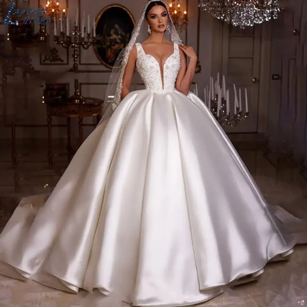 LAYOUT NICEB Luxury Sleeveless Satin Wedding Dress Princess Plus Size A-Line Bride Gowns Sleeveless Vestido de Noiva Custom Made 3