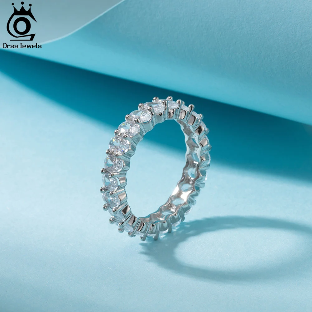 ORSA JEWELS 14K Gold Plated Full CZ Eternity Rings 925 Sterling Silver Dainty Finger Band for Women Wedding Jewelry Gift SR316