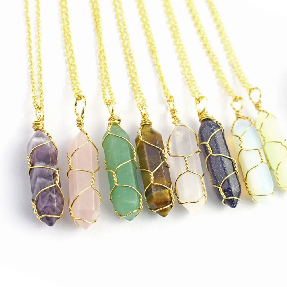Natural Stone Hexagonal Pillar Winding Pendant Necklace Energy Colorful Crystal Charm Chain Jewelry for Women |
