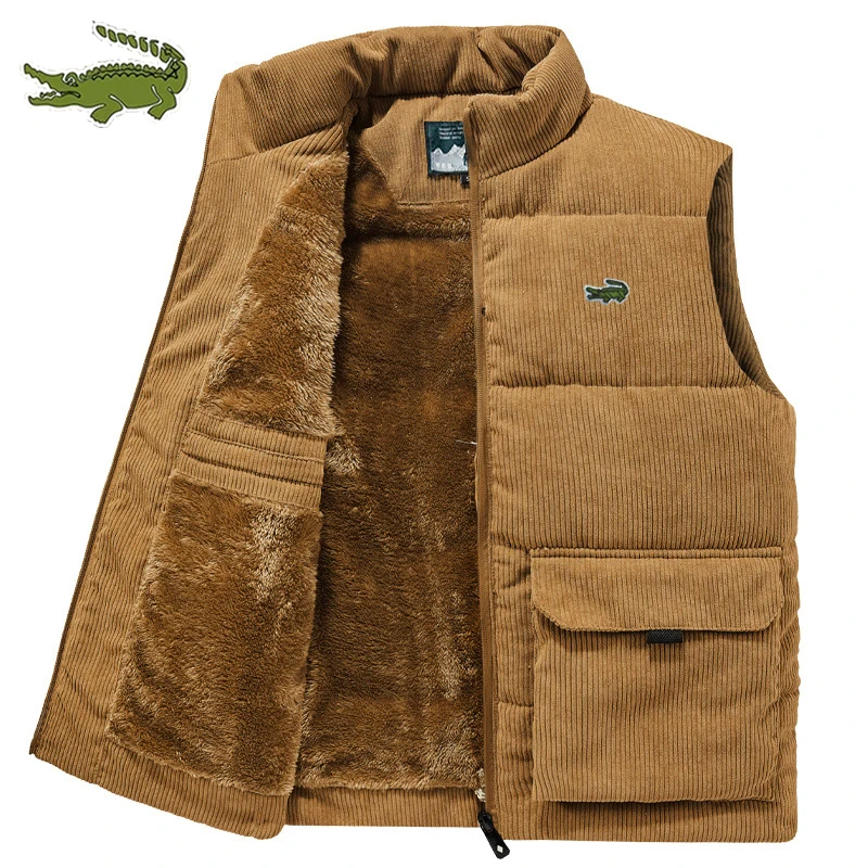 Casual Thicken Padded Vest Men Solid Winter Sleeveless Jackets Fashion Embroidery Stand Collar Zipper Corduroy Warm Boy Outwear