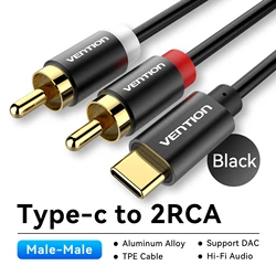 Premium USB C to RCA Audio Cable for Speakers and Amplifiers - Available in 1m, 2m, 3m Lengths (Type c to 2RCA Black)