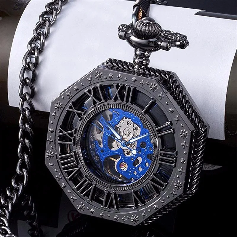 

Luxury Golden Mechanical Pocket Watch for Men Women hollow Dial Roman Hexagon Case Fob Chain Pendant Clock for Collection Gift
