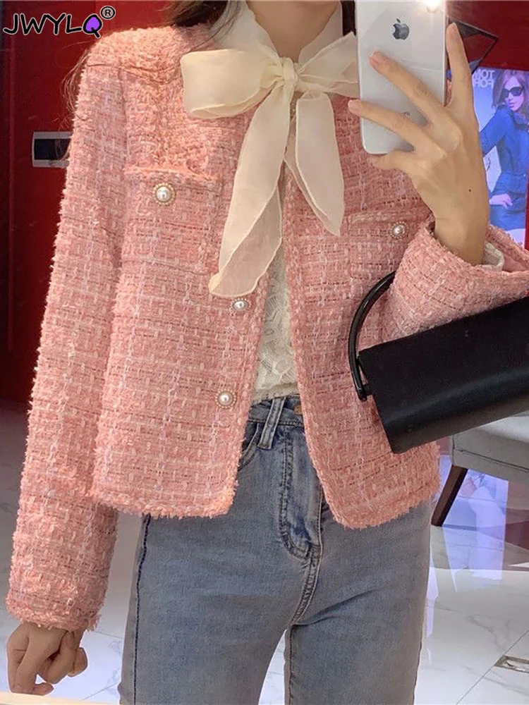 

Женская короткая куртка в Корейском стиле, укороченная твидовая клетчатая куртка в стиле Харадзюку с круглым вырезом и жемчужными пуговицами, элегантная верхняя одежда