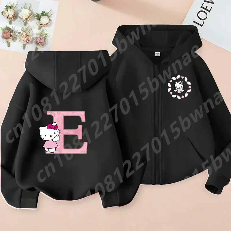New 2024 Hello Kitty Zipper Hoodie, 26 English Letters, Kawaii Harajuku Pattern, Fashionable Sports Girl Top, Girl Sater Hoodie 6