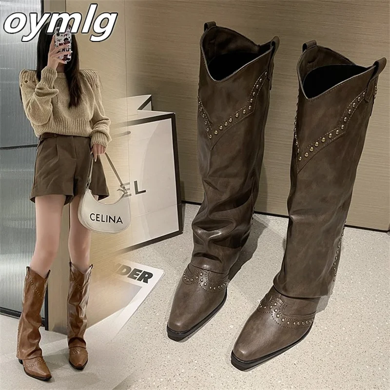 

Riveted pants boots explosive street height less than knee height knight boots retro high sleeves less than knee height