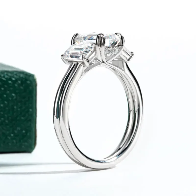 All Moissanite Emerald Cut 3-Stone Engagement Rings For Women Solid 925 Sterling Silver VVS1 D Color Carat Total Weight 3.0ct