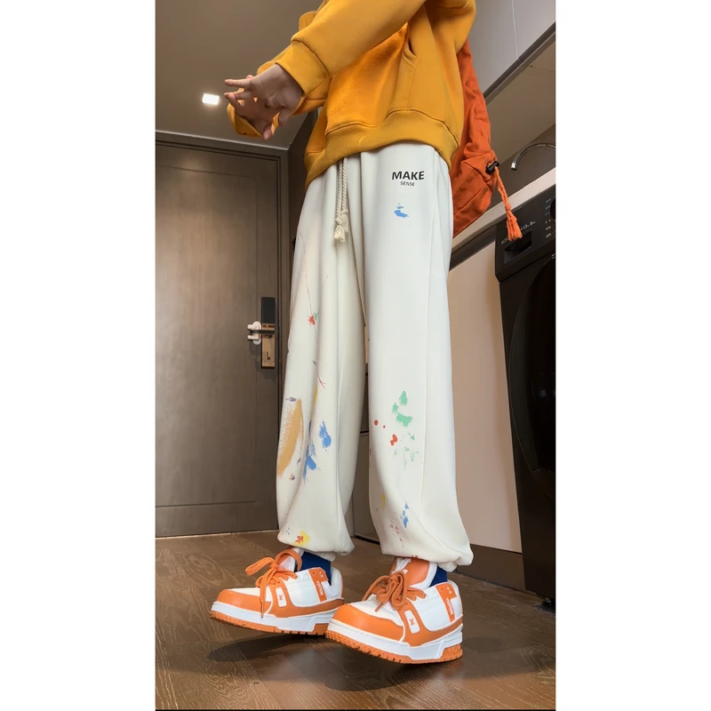 2024 Printed Casual Drawstring Men Tracksuit Pants Straight Sweatpants Hip Hop Long Trousers