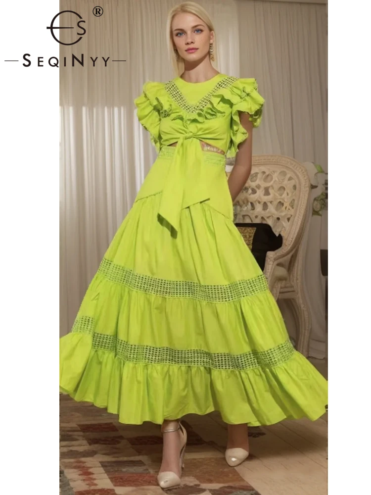 

SEQINYY Elegant Dress Summer Spring New Fashion Design Women Runway Ruffles Lace Spliced A-Line Hollow Out Waist Casual Holiday