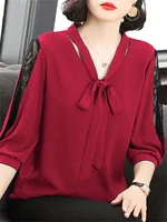 Women Spring Summer Style Blouses Tops Lady Casual Bow Tie Colloar Half Lace Sleeve Loose Blusas Tops DF4275 - Image 3