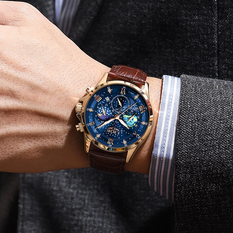 Orologio Da Uomo Cronografo Al Quarzo Con Cinturino In Vera Pelle - 3ATM, 3 Occhi, Luminoso