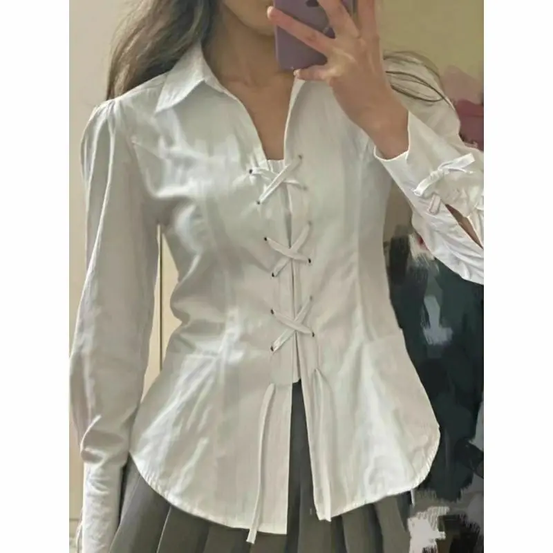 Shirts Women French Style Spring Slim Inside Retro Solid Student Preppy Schoolgirl Mujer Sweet Ladies All-match Basic Clothing