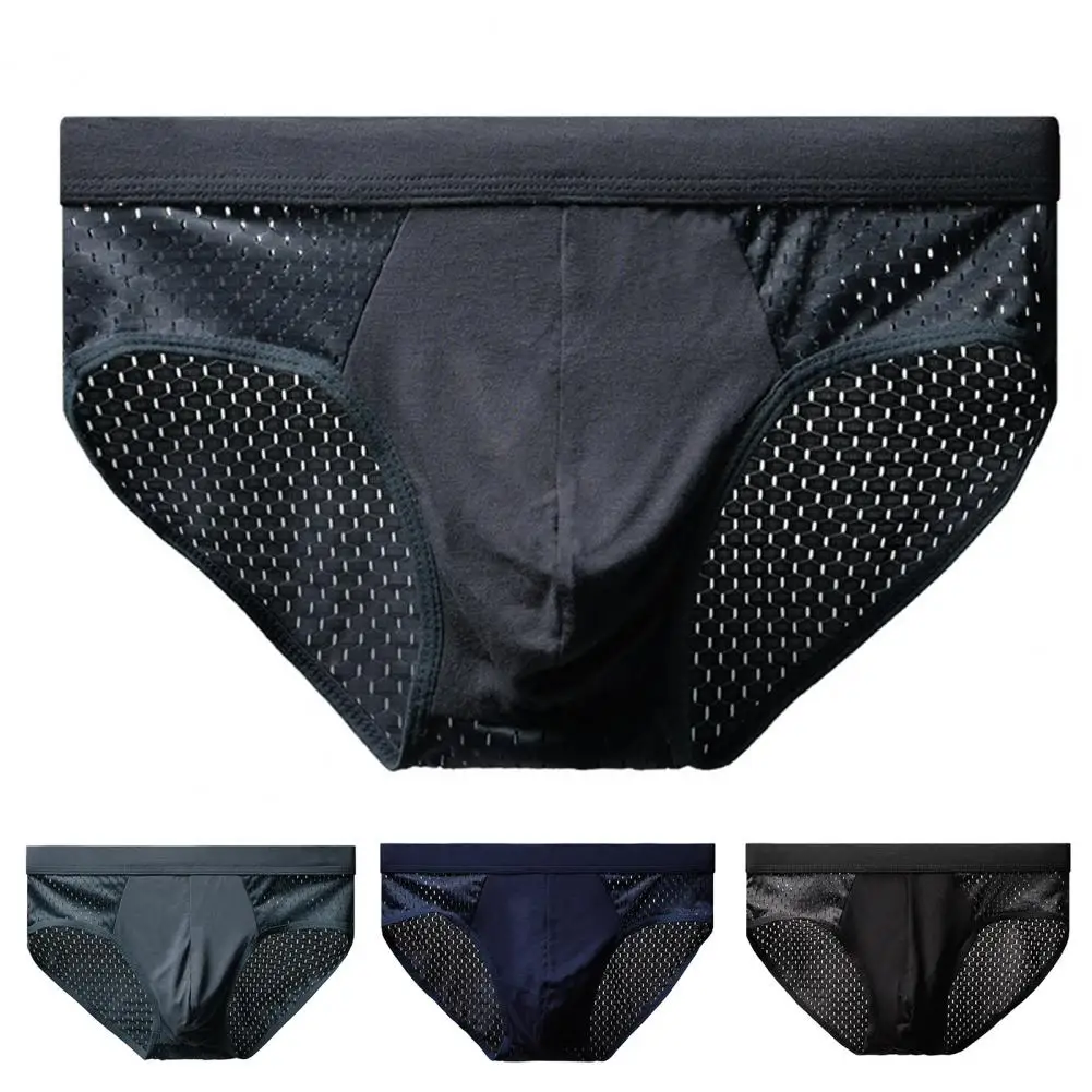 

Men Briefs Mesh Stretchy Breathable Men Underpants Solid Color Hollow Out U Convex Male Panties Underwear For Home