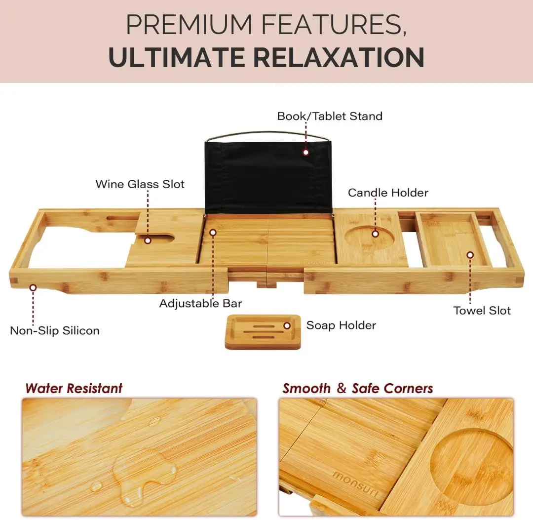 Foldable Bamboo Bathtub Tray Caddy -Expandable Bath Tray for Tub Secure Non-Slip Bathtub Caddy for Tub Bath Accessories