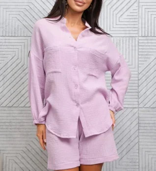 Two Piece Set Women Outfit 2026 Spring Summer New Solid Color Turn-Down Color Long Sleeve Shirt & High Waist Casual Shorts Set